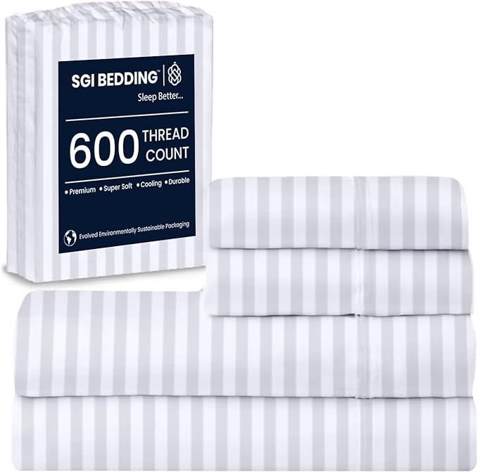 SGI bedding 100% Egyptian Cotton Sheets California King Size – 600 Thread Count Sheets Set, Soft, Cooling, 15" Deep Pocket, Luxury Hotel Bedding, Breathable, Durable - White Stripe