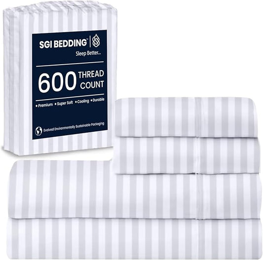 SGI bedding 100% Egyptian Cotton Sheets California King Size – 600 Thread Count Sheets Set, Soft, Cooling, 15" Deep Pocket, Luxury Hotel Bedding, Breathable, Durable - White Stripe