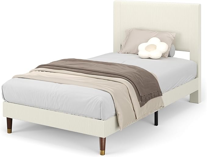 GarveeHome Twin Size Bed Frame with Upholstered Headboard and Strong Wooden Slats Support, Soft Corduroy Fabric Platform Bed, No Boxing Spring Needed, Easy Assembly, Beige