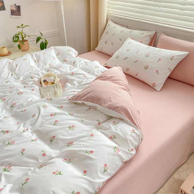 Nayoroom Pink Floral Duvet Cover Full Size Coquette Tulip Printed on White Reversible Comforter Cover 3Pcs Kids Girls Cottagecore Bedding Set with Zipper Closure Soft Breathable Microfiber