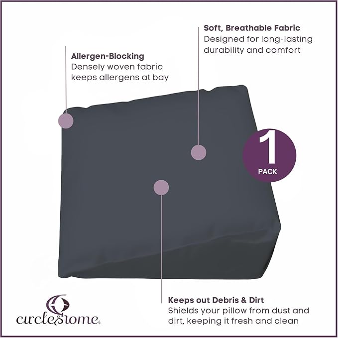 CirclesHome Wedge Pillow Cover 100% Cotton, Zippered Wedge Pillow Case Protector, Soft, Hypoallergenic & Breathable -Dark Grey, (24Wx25Lx12)