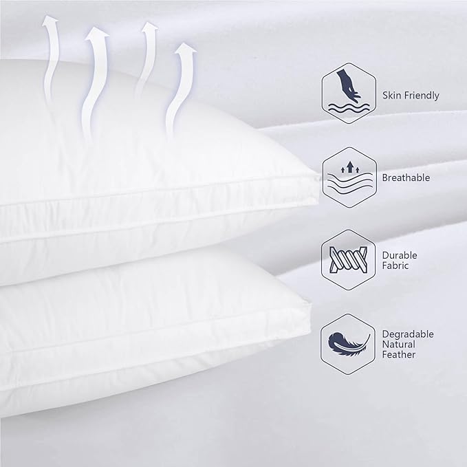 Queen Size Goose Down Pillows Set of 2 - Hypoallergenic Bed Pillows 500 Fill Power with 100% Cotton Cover, Medium Firm Support