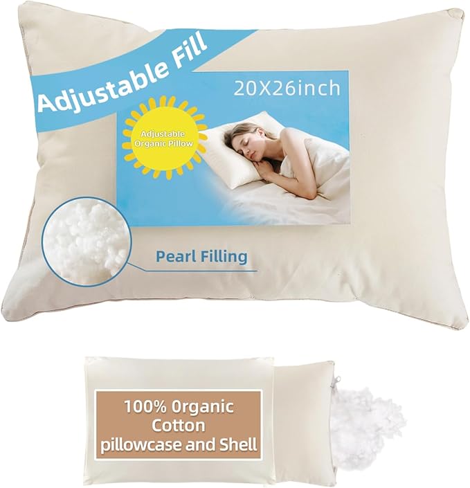 20x26 Organic Pillow with 100% Organic Cotton Pillowcase and Shell - Soft Non Toxic and Breathable Pearl Filling, CPSC Certified and Oeko-TEX, Adjustable Loft Organic Pillow, Machine Washable