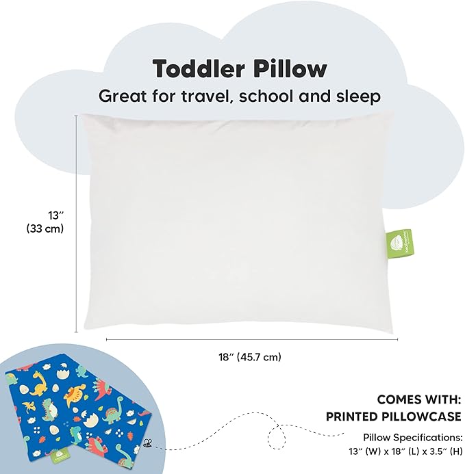 Toddler Pillow with Pillowcase - 13x18 My Little Dreamy Kids Travel Bed Pillows for Sleeping, Organic Cotton Small Pillowcase, Soft & Breathable, Machine Washable, Toddlers 2-5 years old (DinoWorld)