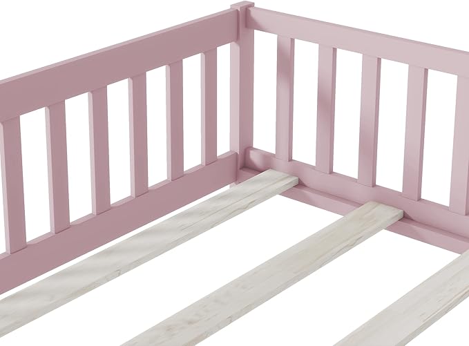 Bellemave Full Size Montessori Floor Bed Frame with Rails & Door, Solid Wood Kids Floor Bed Full with Removable Slats, Low Profile Montessori Bed for Children’s Sleep & Play, Pink