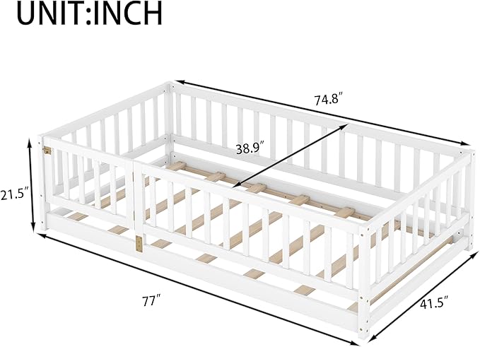 Bellemave Twin Size Montessori Floor Bed with 21.5" High Rails and Slats, Pine,Plywood Floor Bed with Small Door, White