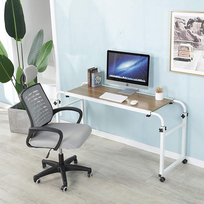 TigerDad Adjustable Overbed Table with Wheels, Mobile Laptop Desk on Wheels for King Queen Bed, Height Adjustable Rolling Computer Cart with Stand, Ancient Oak