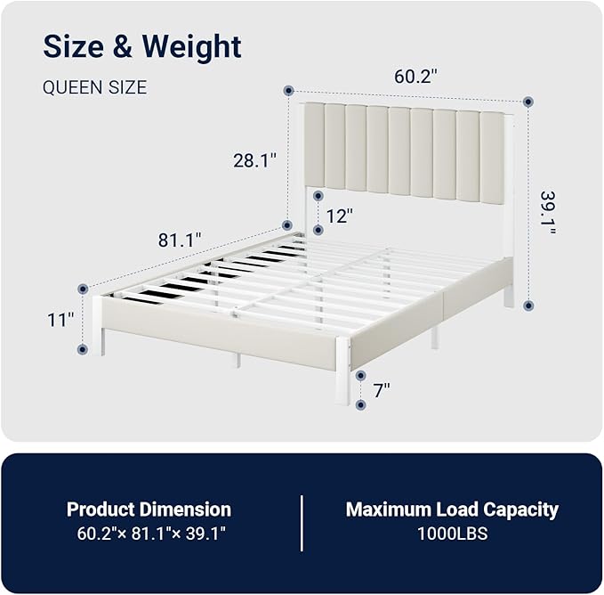 Avenco Queen Size Bed Frame with Velvet Upholstered Piano Keys Headboard, Metal Platform Bed Frame with Metal Slats for Bedroom Furniture, White