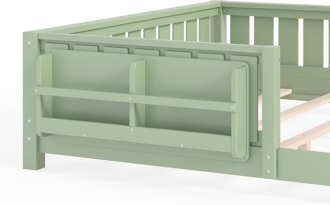 Bellemave Queen Floor Bed Frame with Fence & Bookshelf, Solid Pinewood Montessori Floor Bed Frame Queen with Slats Load 550LBS, Low Floor Bed for Bedroom, Nursery, Easy Assembly, Green