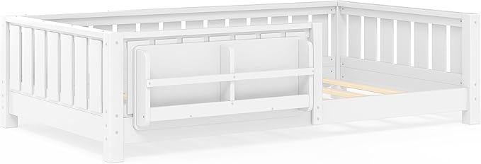 Bellemave Twin Size Kids Montessori Bed with Bookshelf,Solid Wood Twin Floor Bed Frame with Fence and Slats for Girls Boys,Low-Profile,White