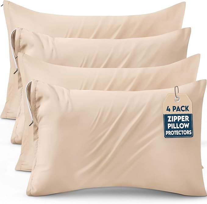 Utopia Bedding 4 Pack Pillow Protectors with Zipper Queen Size, Soft Brushed Microfiber Fabric Pillow Cases, Shrinkage and Fade Resistant Pillow Covers (Beige)