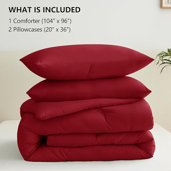 CozyLux California King Comforter Set Dark Red, 3 Pieces Cal King Solid Breathable Bedding Sets for All Seasons, Luxury Soft Lightweight Bed Set with Down Alternative Comforter and 2 Pillowcases