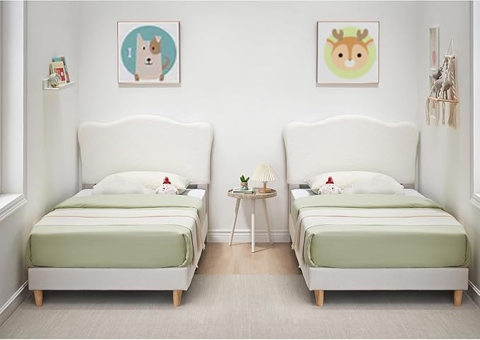 GarveeHome Upholstered Twin Size Bed Frame for Kids with Scallop Headboard, Cute Velvet Twin Bed for Girls, Boys, Sturdy Platform Bed, No Box Spring Needed, Wooden Slats, Noise Free, Beige