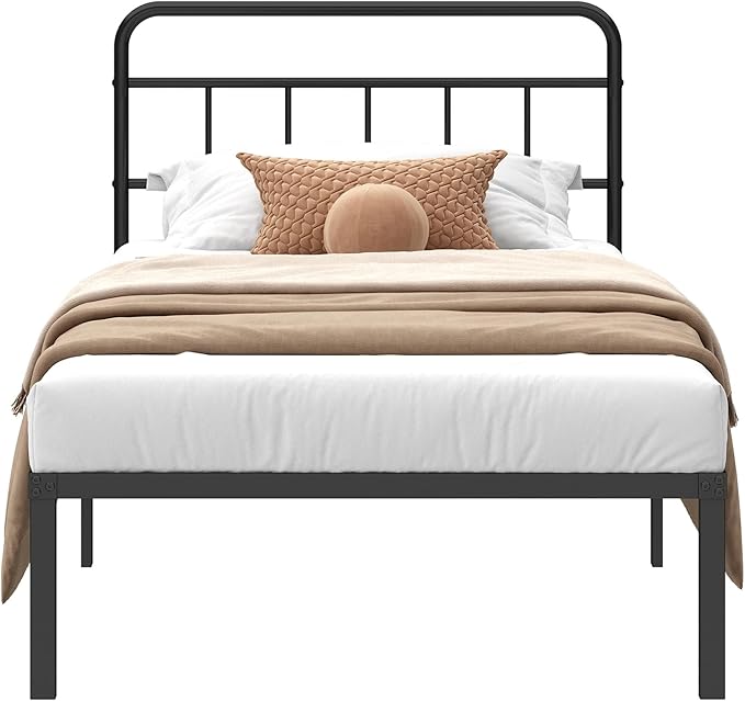 Kujielan 12 inches Twin Size Bed Frame with Minimalist headboard,Metal Platform Base with Strong Metal Slats,Mattress Foundation for Under Bed Storage,Easy Assembly,Black