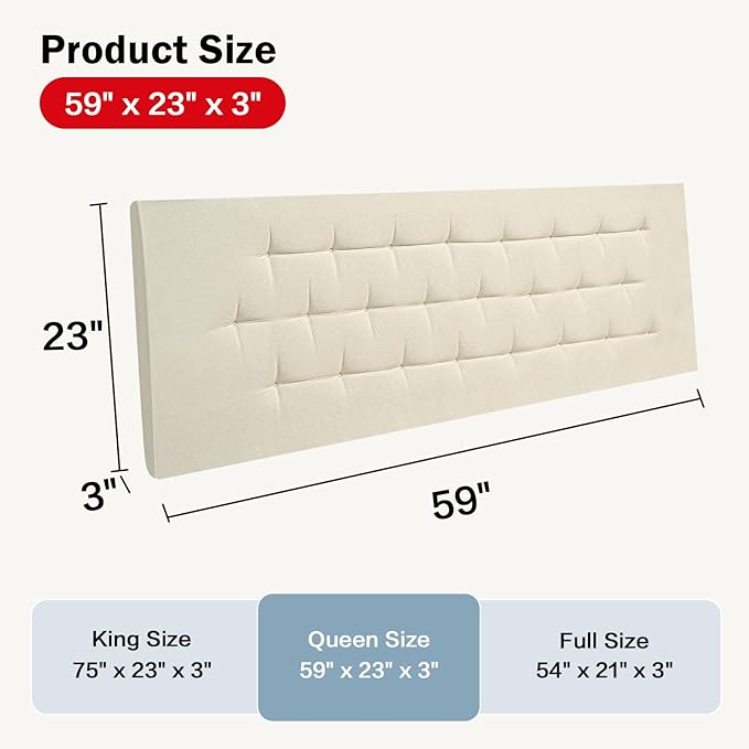 Upholstered Headboard Queen Size, 59" x 23" Easy No-Tools Wall Mounted Bed Headboards, Modern Linen Button Diamond Tufted Design, Beige