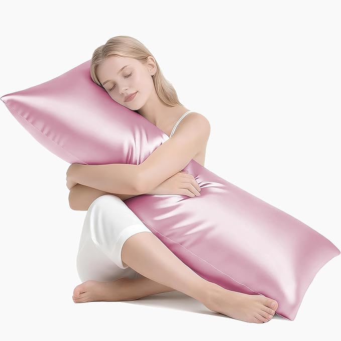 MR&HM Satin Body Pillow Cover, Soft and Breathable Body Pillow Case with Envelope Closure, Cooling and Silky Long Pillowcase for Hair and Skin,Grey (20x54, Pink)