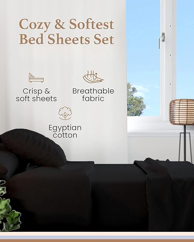 Good Sleep Bedding Twin XL Sheet Set - 100% Egyptian Cotton XL Twin Sheet Set, 3 Pc, Extra Long Twin Sheets for Dorm, Hotel Sheets, 16" Deep Pocket Twin Sheets Extra Long - Black Sheet