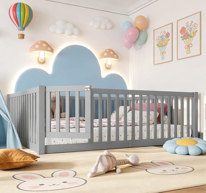 Bellemave Full Size Montessori Floor Bed with 23.5" High Rails, Pine,Plywood Floor Bed with Small Door, Grey