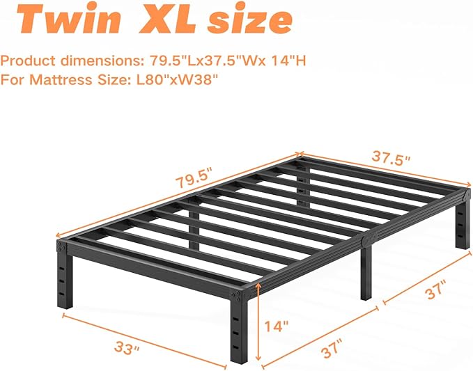 14 inch Twin XL Bed Frame No Box Spring Needed, 3500 lbs Heavy Duty Metal Platform Bed Frames, Non-Slip and Noise-Free Mattress Foundation, Black