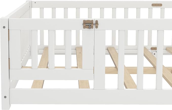 Bellemave Queen Floor Bed with Slats and Door, Queen Size Montessori Floor Bed with Fence and Door, Easy Assemble Montessori Beds Frame for Girls, Boys, White