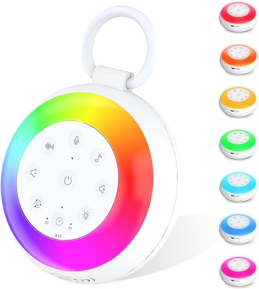 Portable White Noise Sound Machine for Baby, Kids, Adults Sleep - 24 Soothing Natural Sounds, 7 Color Night Light, Portable Wireless Bluetooth Pillow Speaker for Home, Travel, Nursery, Office