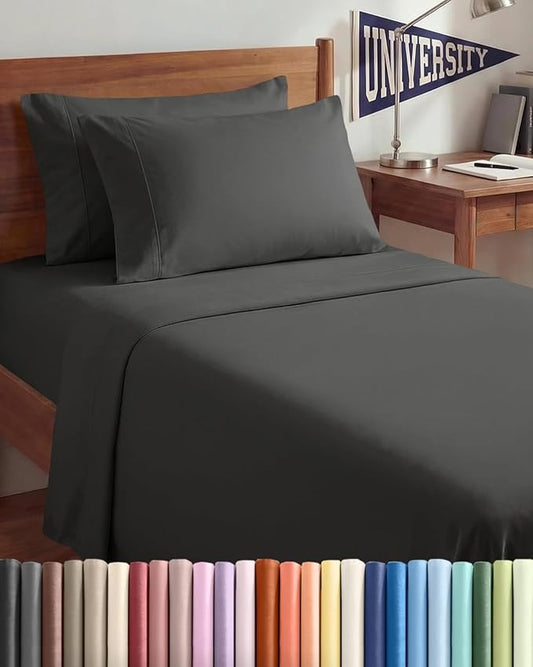 Twin XL 4 Piece Sheet Set - Comfy Breathable & Cooling - Hotel Luxury Bedding for Women, Men, Kids, Teens & Children - 1 Flat & 1 Fitted Sheet & 2 Pillowcases w/ Deep Pockets - Wrinkle Free - Charcoal