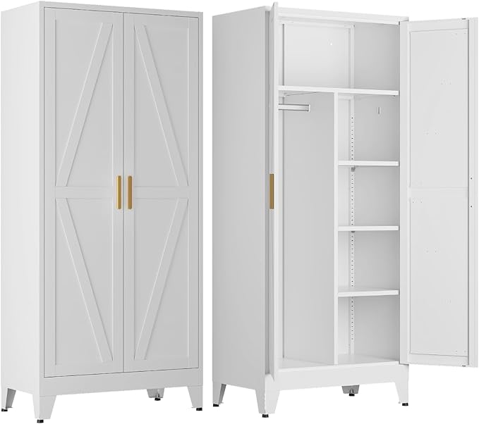 COFaR Metal Wardrobe Closet with Doors, 71'' Tall Steel Bedroom Armoire with Adjustable Hanging Rod and Shelves, Broom Closet Storage Cabinet for Garage Laundry Office, Farmhouse White