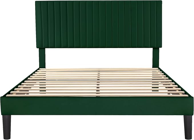 SHA CERLIN Full Upholstered Platform Bed Frame with Vertical Channel Tufted Velvet Fabric Adjustable Headboard, Wooden Slats Support, Mattress Foundation, Box Spring Optional, Green
