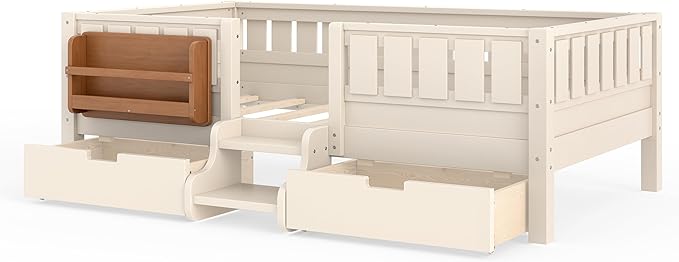 Bellemave Twin Bed with Storage Drawers & Bookshelf, Low Profile Kids Bed Frame with Staircase & Full Length Guardrails, Solid Wood Twin Bed for Kids with Slats Load 300LBS, Easy Assembly, Beige