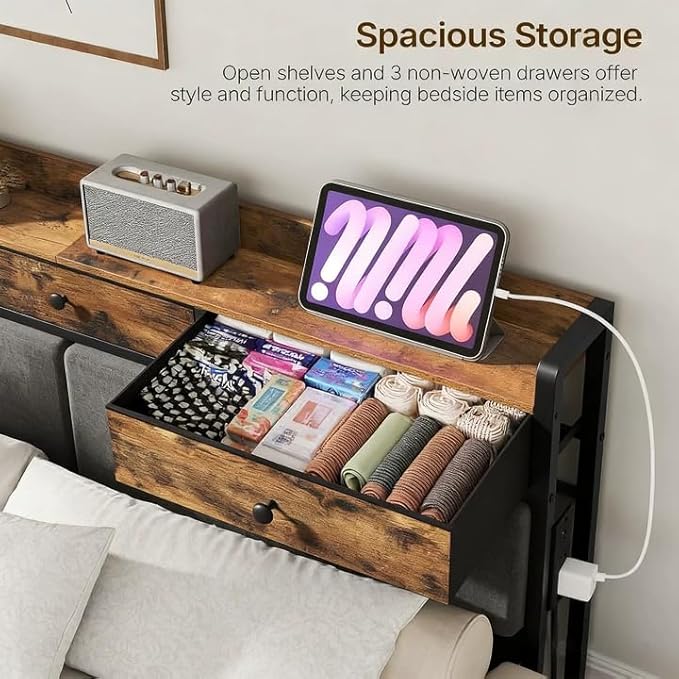 YATINEY Queen Size Headboard Only with Storage and Non-Woven Fabric Drawers, Head Board Queen Size with Charging Station, Height Adjustable, for Bedroom, Rustic Brown and Black