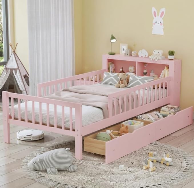 Bellemave Twin Bed Frames with Rails for Kids, Twin Bed Frame with Storage Drawers and Headboard Storage Rack for Kids，Pink