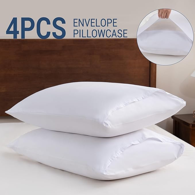 White Pillowcases Queen 4 Pack, 20x30 Pillow Cases with Envelope Closure, Soft Plain Brushed Microfiber Covers Breathable Wrinkle-Resistant