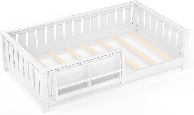 Bellemave Twin Size Kids Montessori Bed with Bookshelf,Solid Wood Twin Floor Bed Frame with Fence and Slats for Girls Boys,Low-Profile,White