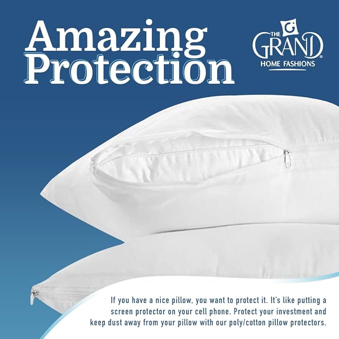 The Grand Pillow Covers Standard Size - Poly-Cotton Pillow Protector with Zipper - Moisture Wicking, Advanced Allergy Protection Pillow Protector - Protects Pillow from Dirt and Debris (2 Pack)