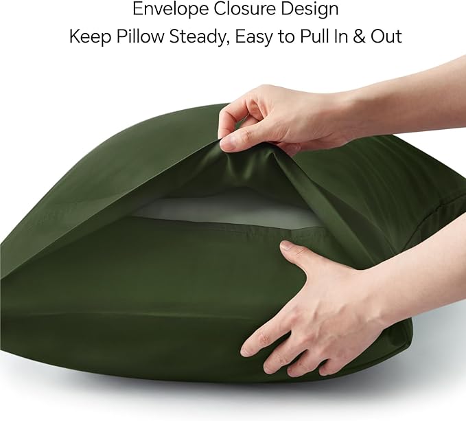 BEDELITE Olive Green Pillow Cases Queen Size Set of 2, Rayon Derived from Bamboo，Cooling Pillow Cases for Hot Sleepers & Night Sweats, Breathable and Silky Soft Envelope Pillowcases, 20"x30"