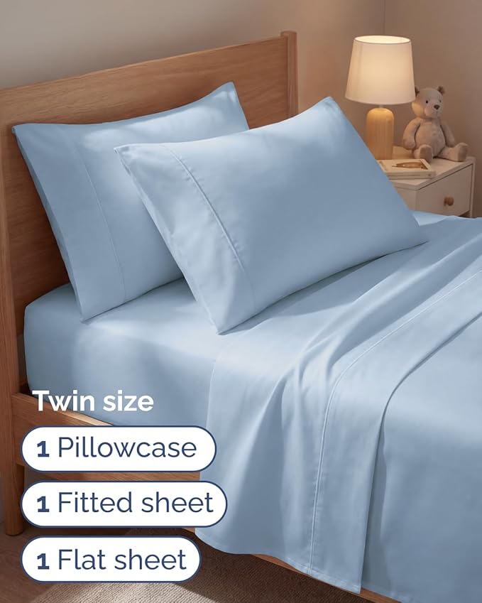 Twin 4 Piece Sheet Set - Comfy, Breathable & Cooling - Hotel Luxury Bedding for Women, Men, Kids, Teens & Children - 1 Flat & 1 Fitted Sheet & 2 Pillowcases w/ Deep Pockets - Wrinkle Free - Baby Blue