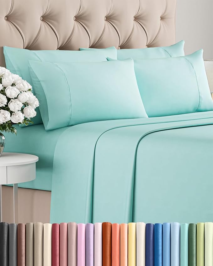 Full 6 Piece Sheet Set - Comfy, Breathable & Cooling - Hotel Luxury Bedding for Women, Men, Kids, Teens and Children - 1 Flat & 1 Fitted Sheet & 4 Pillowcases w/ Deep Pockets - Wrinkle Free - Spa Blue