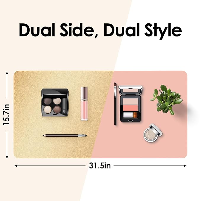 Makeup Mat for Vanity to Protect Desk Top 31.5 x 15.7 in, Dual-Sided Makeup Mat, Easy to Clean Desk Pad - Waterproof and Oilproof Vanity Accessories (Gold and Pink)