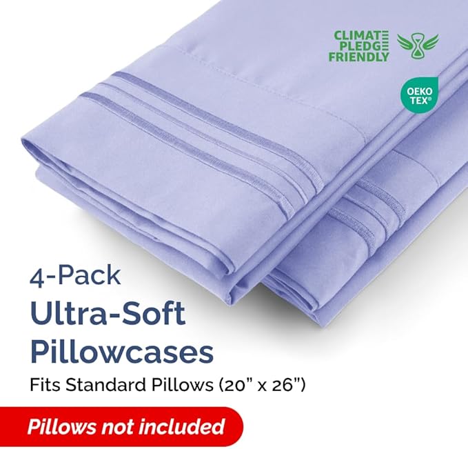 Standard Pillow Cases Set of 4 - Ultra Soft Hotel Quality Pillowcase Covers - Comfy Bedding for Women, Men, Kids & Teens - Machine Washable Pillow Protectors - 4 Piece Set - Standard Size Lavender