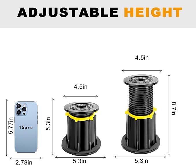 4-Pack Adjustable Height Bed Support Legs, Upgraded Bed Frame Support Legs, Bed Legs Replacement Parts for Bed Frame Center (5.3''-8.7")
