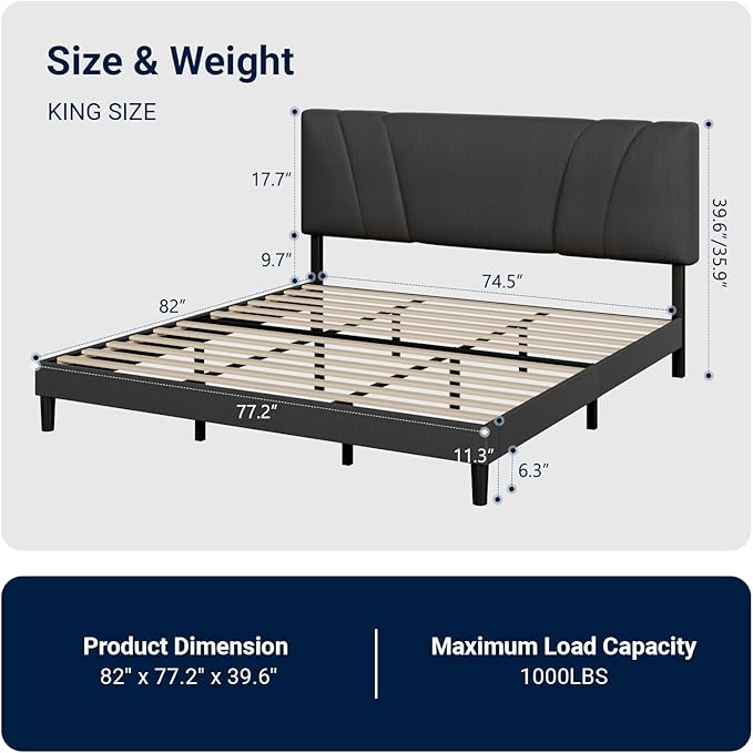 Avenco King Bed Frame, Upholstered Platform Bed Frame with Adjustable Headboard, Wood Slat Support, Easy Assembly, No Box Spring Needed, Dark Grey
