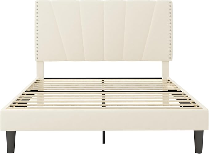 Allewie Full Size Bed Frame with Adjustable Velvet Upholstered Headboard, Rivet-Style Nailhead Trim Detail Platform Bed Frame, Wooden Slat Support, No Box Spring Needed, Easy Assembly, Cream