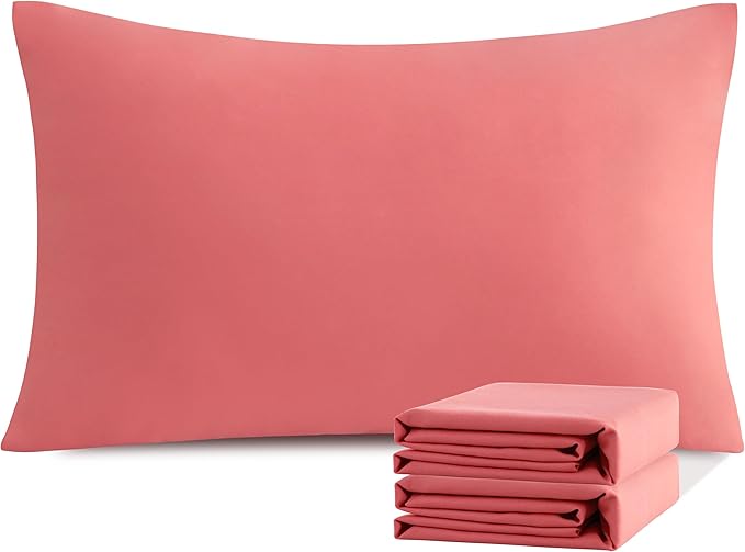 NTBAY Standard Pillowcase Set - 2 Pack Brushed Microfiber 20x26 Pillowcases - Soft, Wrinkle-Free, Fade-Resistant, Stain-Resistant, Coral Pink Pillowcases with Envelope Closure - 20x26 Inches