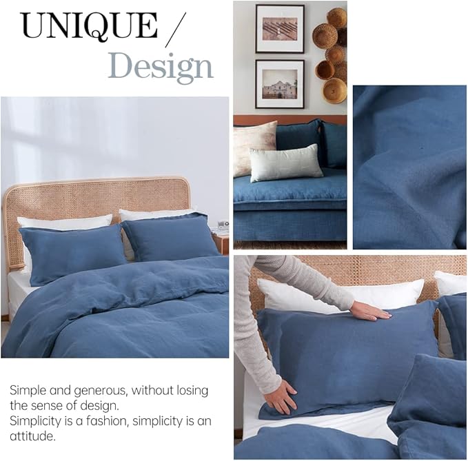 Simple&Opulence 100% Linen Duvet Cover Set 2pcs Basic Style Natural French Washed Flax Solid Color Soft Breathable Farmhouse Bedding with Button Closure - Classic Blue, Twin
