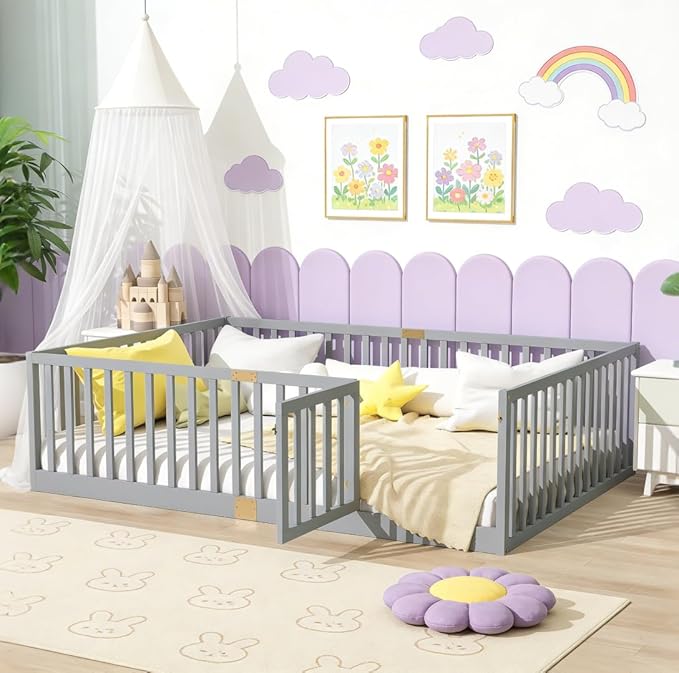 Bellemave Full Size Montessori Floor Bed with 21.5" High Rails, Rubber Wood Full Floor Bed with Slats and Door, Gray