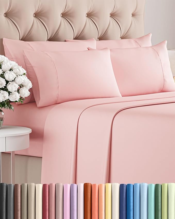 Queen 6 Piece Sheet Set - Comfy, Breathable & Cooling - Hotel Luxury Bedding for Women, Men, Kids, Teens & Children - 1 Flat & 1 Fitted Sheet & 4 Pillowcases w/ Deep Pockets - Wrinkle Free - Baby Pink