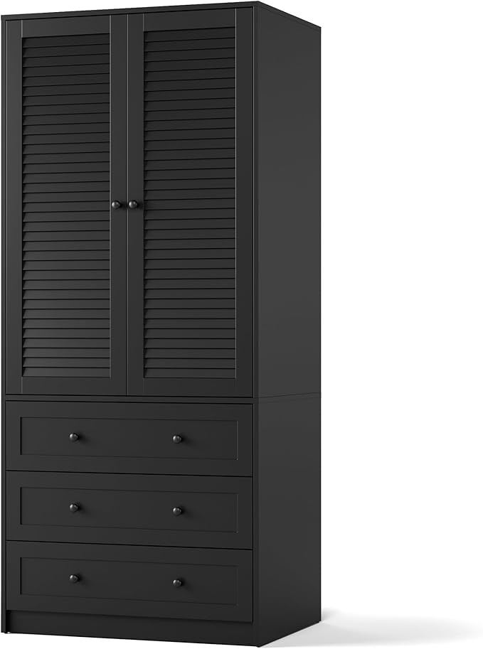 GarveeHome Armoire Wardrobe Closet with 3 Drawers, 69.5" Wooden Wardrobe Cabinet, Hanging Rod, 2 Doors Clothing Storage Cabinet for Bedroom, Large Capacity Storage, Louvered Door, Black