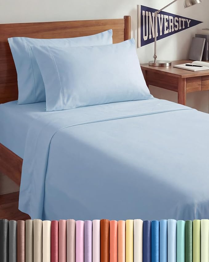 Twin XL 4 Piece Sheet Set - Comfy Breathable & Cooling - Hotel Luxury Bedding for Women, Men, Kids, Teens & Children - 1 Flat & 1 Fitted Sheet & 2 Pillowcases w/ Deep Pockets - Wrinkle Free - Sky Blue