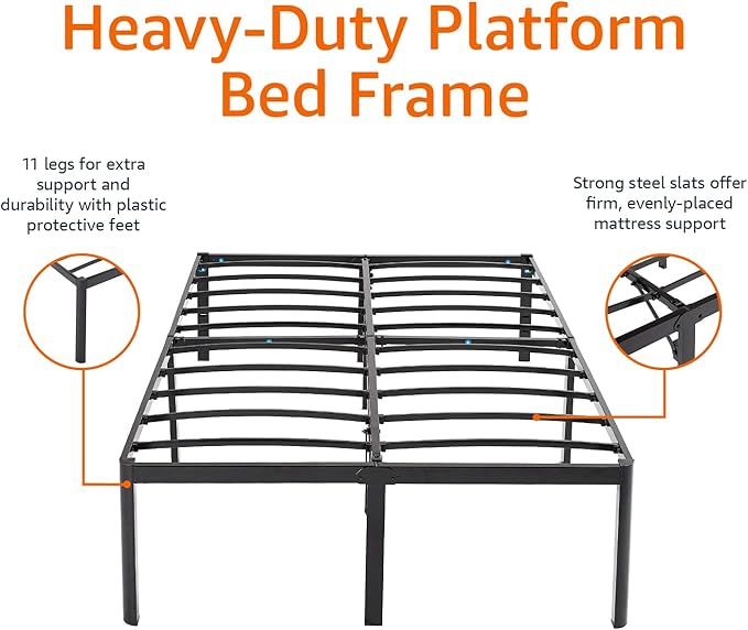 Amazon Basics Heavy Duty Non-Slip Sturdy Bed Frame with Steel Slats, No Box Spring Needed, Noise Free, Easy Assembly, 18" H, Full, Black