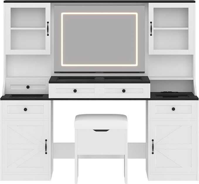 Farmhouse Vanity Desk with Mirror, 61.5" Makeup Vanity Table Set with Glass Visual Desktop and Cushion Stool, Dressing Table with 5 Drawers and 4 Cabinets for Bedroom